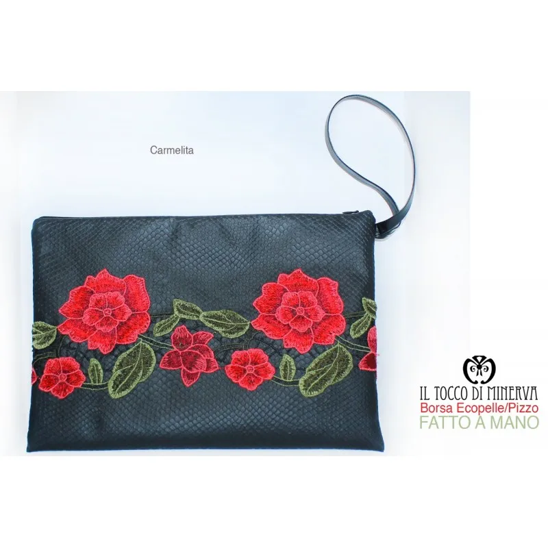 Borsa Pochette Ecopelle nero e pizzo Carmelita – Realizzata a mano