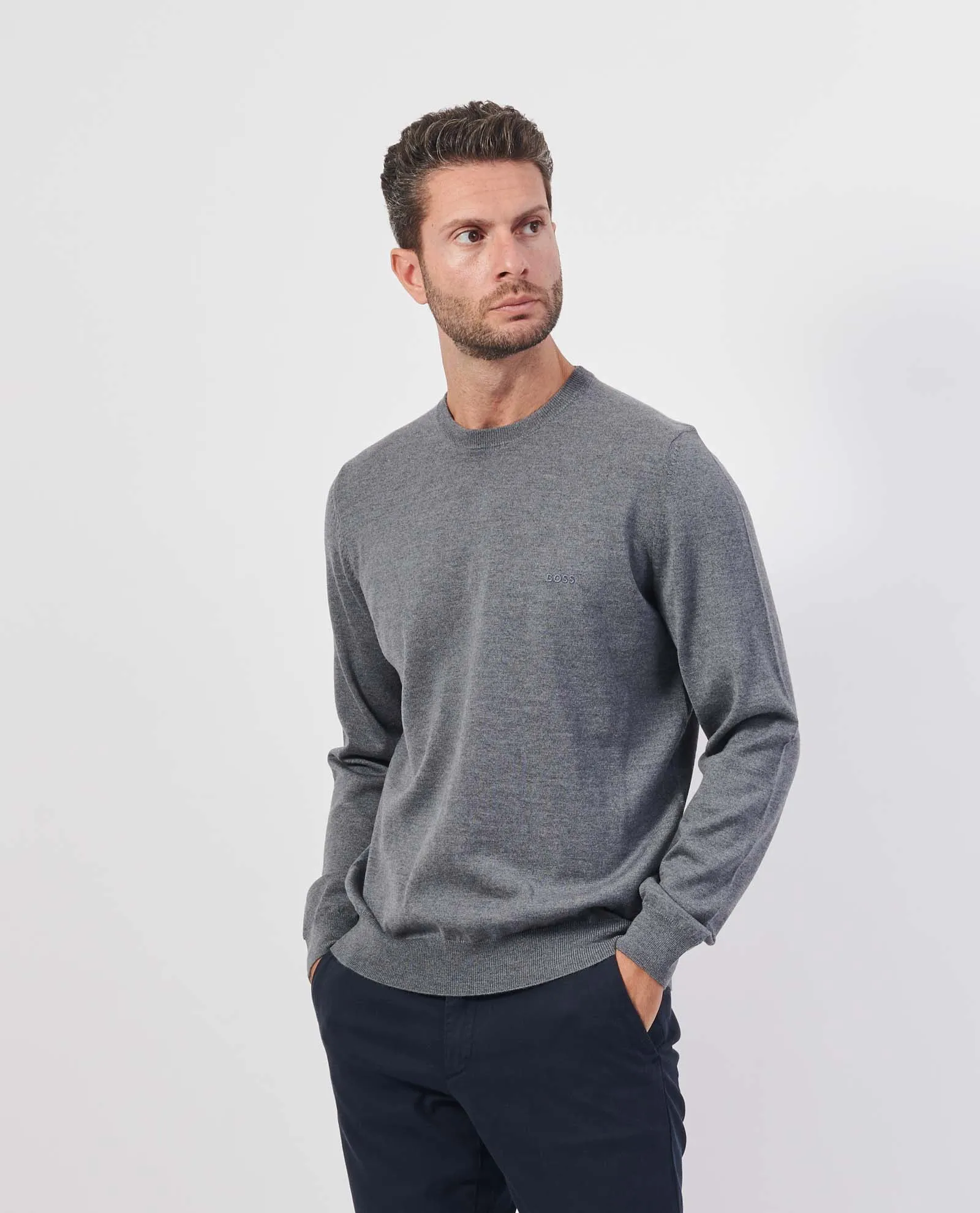 BOSS      Maglione uomo Boss girocollo in lana con logo