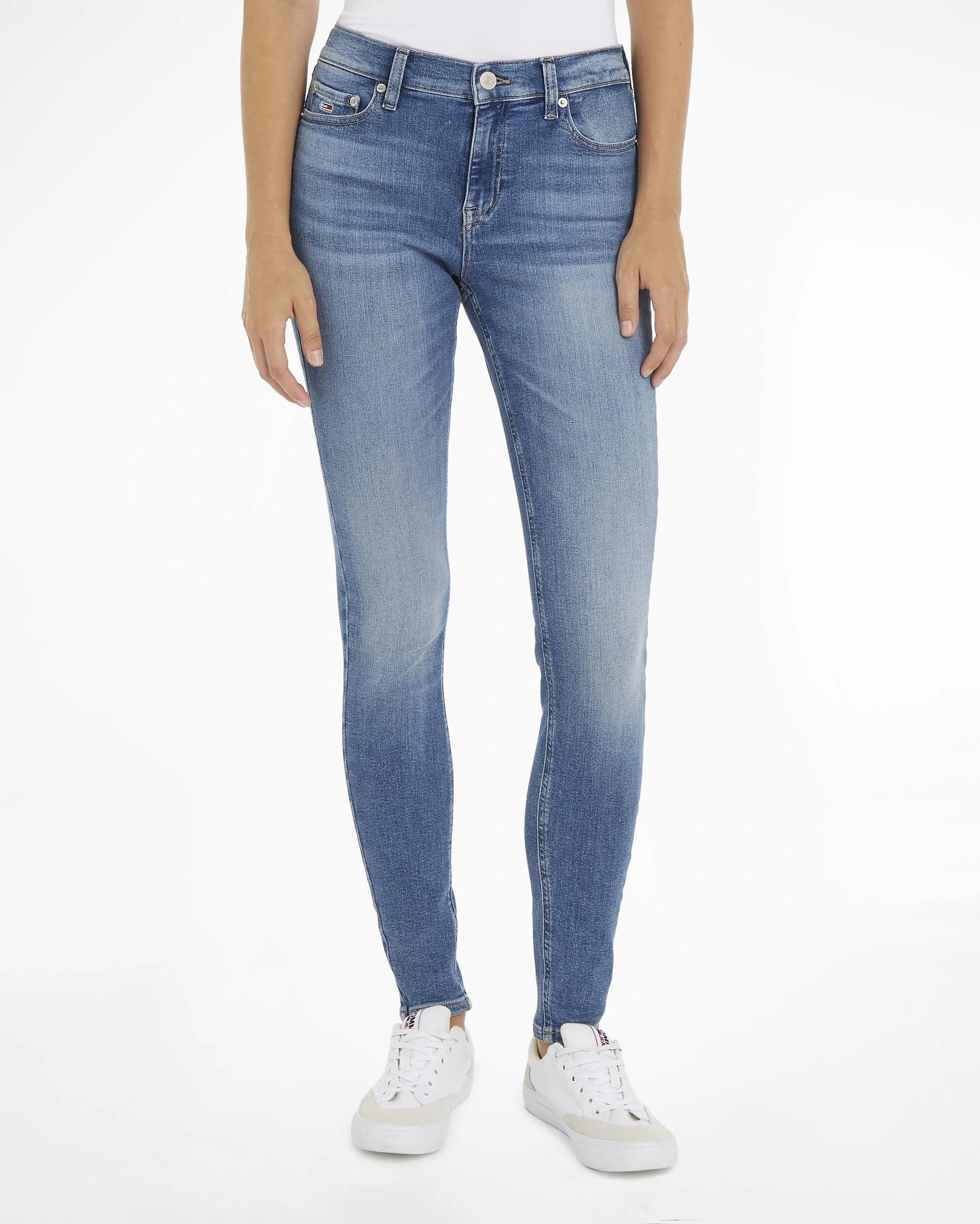 Jeans skinny blu super stone washed in misto cotone rigenerato stretch con schiariture