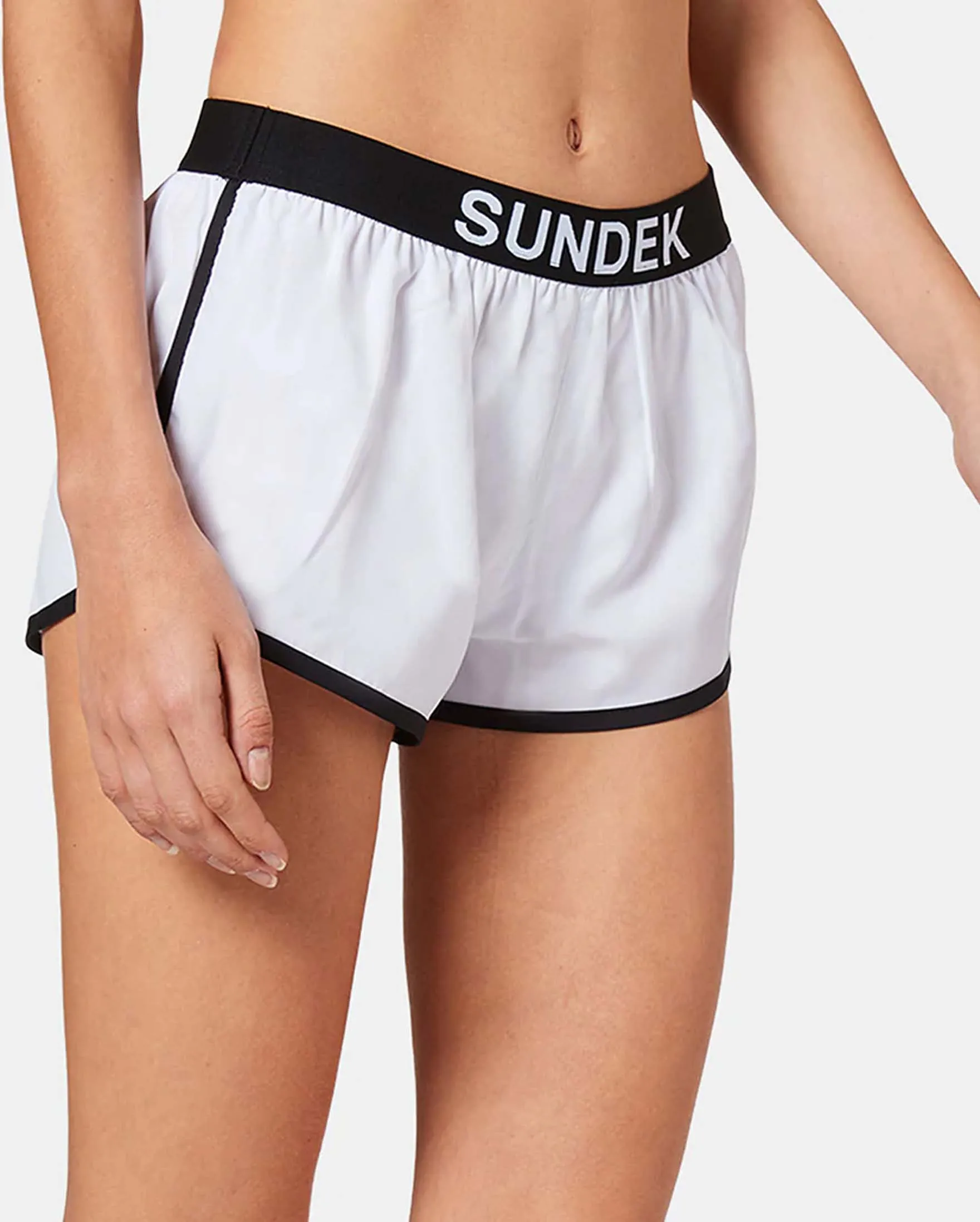 Shorts mare bianchi con vita elasticizza con scritta logo jacquard e profili a contrasto